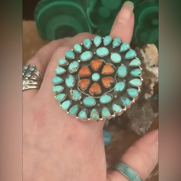 Turquoise spiny oyster statement huge southwestern, Sterling silver ring - Picture 7 of 10